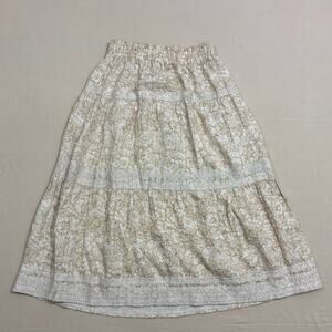 Magaschoni Women's Tan and White Floral Print Tiered Midi Linen Skirt Size Small